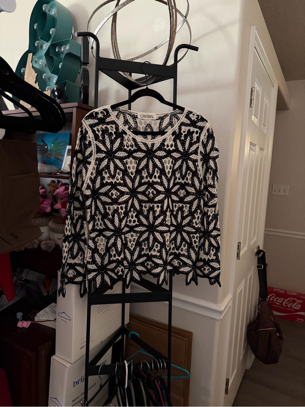 Black & Cream Crochet Floral Sweater